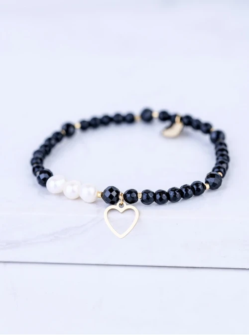 [Zestaw] Choker serduszko, perełki, Obsydian, stal pozłacana S309416Z01