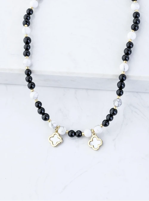 [Zestaw] Choker koniczynki, Obsydian, stal pozłacana S309420Z01