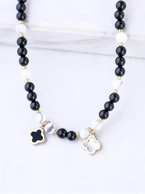 [Zestaw] Choker koniczynki, Obsydian, stal pozłacana S309421Z01