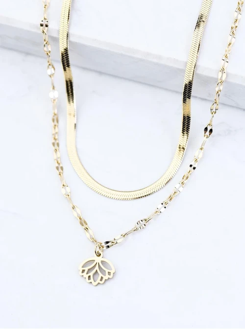 [Zestaw] Naszyjnik podwójny, kwiat lotosu, stal pozłacana S309426Z00