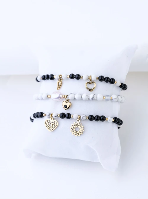 [Zestaw] Bransoletka serduszko, skrzydełko, Obsydian, stal pozłacana S109380Z01