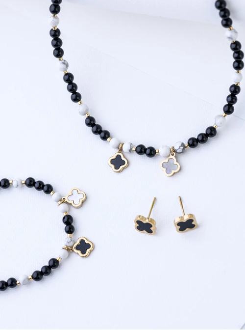 [Zestaw] Choker koniczynki, Obsydian, stal pozłacana S309421Z01
