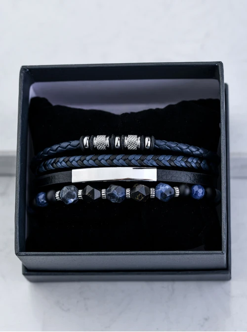 [Zestaw] Bransoletka męska, granatowy, stal S109279S00