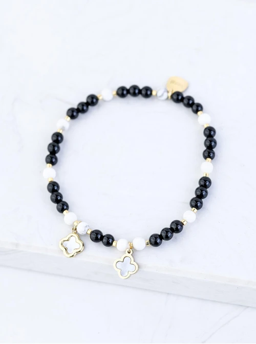 Bransoletka Koniczynki, Obsydian, stal pozłacana S109375Z01