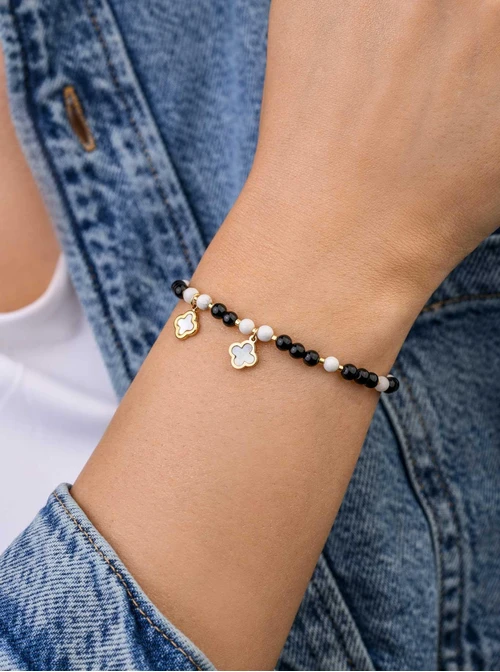 Bransoletka Koniczynki, Obsydian, stal pozłacana S109375Z01