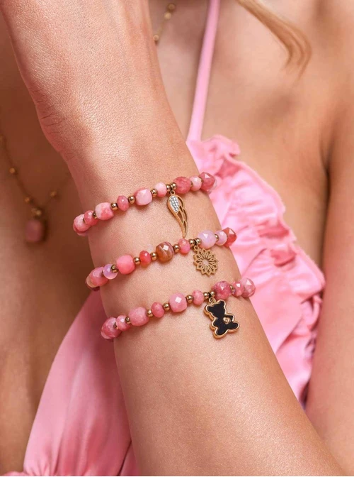 Bransoletka Miś, Rodochrozyt, stal pozłacana S108933Z00