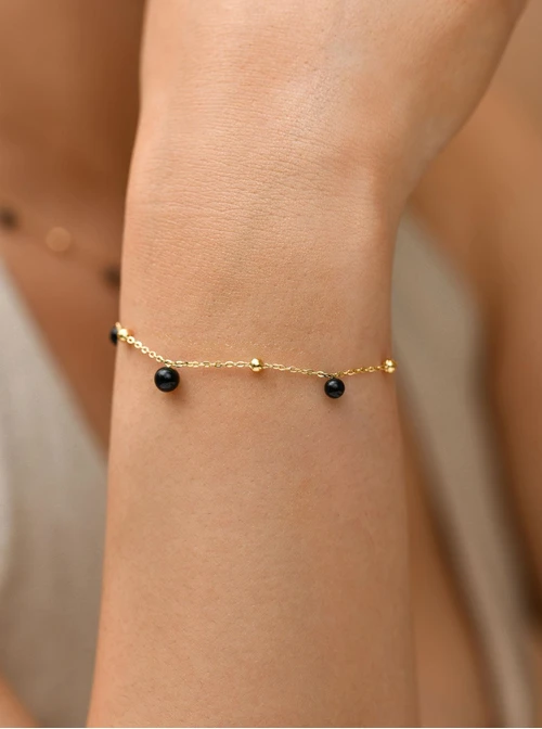 Bransoletka czarne kuleczki, stal pozłacana S109452Z01