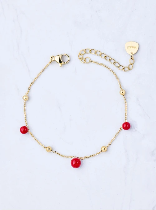 Bransoletka czerwone kuleczki, stal pozłacana S109452Z03