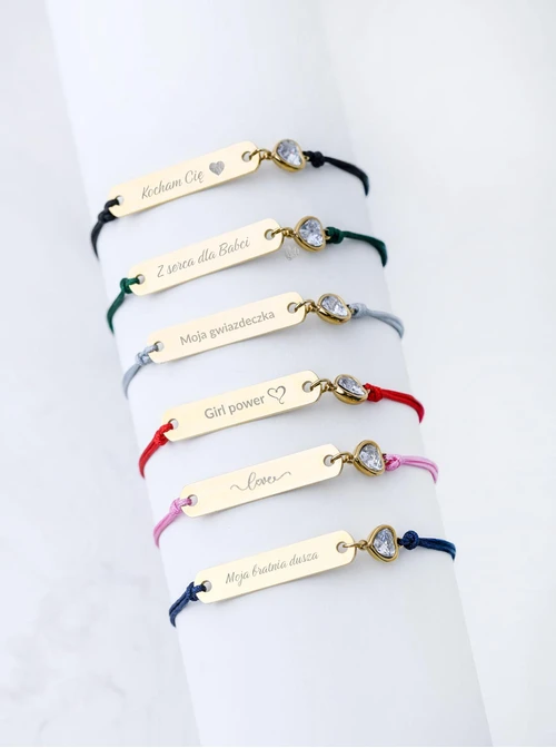 Bransoletka grawer, kryształowe serduszko, stal pozłacana S108076Z-03