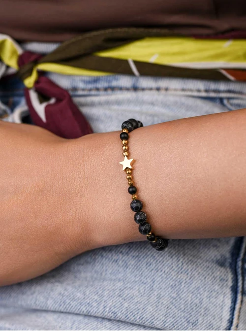 Bransoletka gwiazdka, Czarny Turkus, stal pozłacana S109367Z01