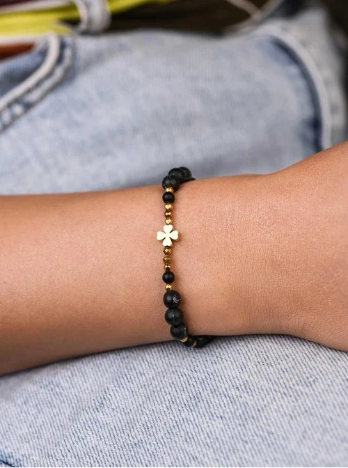 Bransoletka koniczynka, Czarny Turkus, stal pozłacana S109368Z01