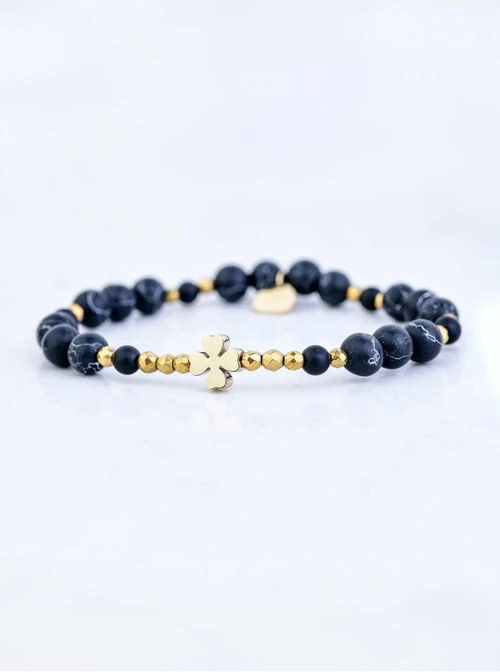 Bransoletka koniczynka, Czarny Turkus, stal pozłacana S109368Z01