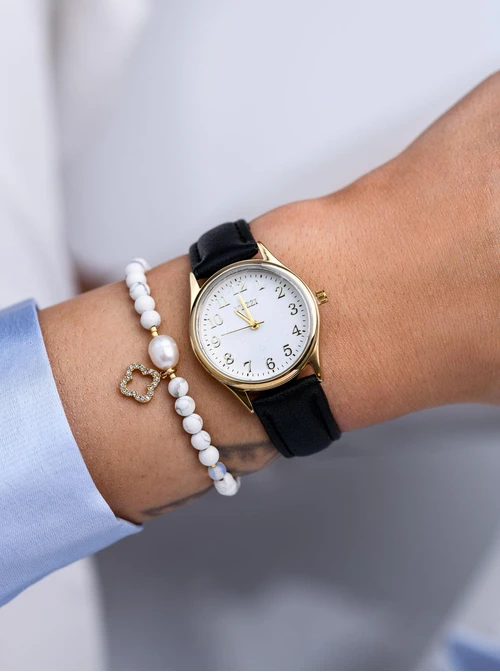 Bransoletka koniczynka, perełka, Howlit, stal pozłacana S109395Z02