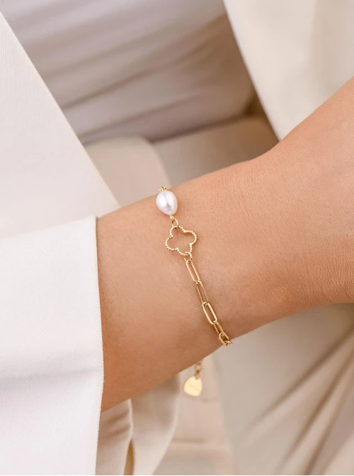 Bransoletka koniczynka, perełka, stal pozłacana S109523Z00