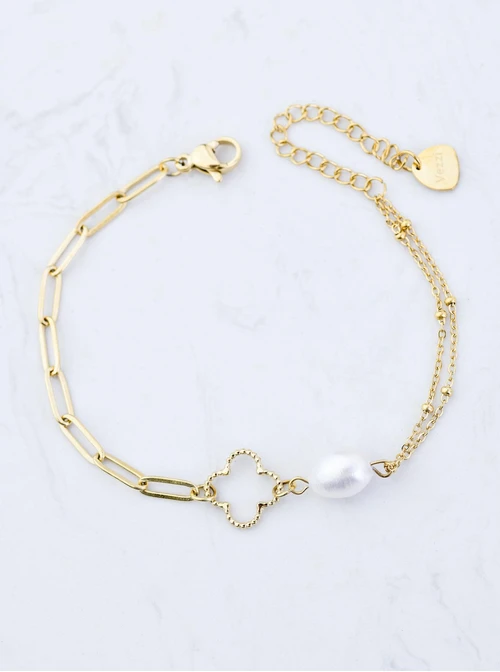 Bransoletka koniczynka, perełka, stal pozłacana S109523Z00