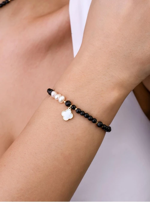 Bransoletka koniczynka, perełki, Obsydian, stal pozłacana S109360Z01