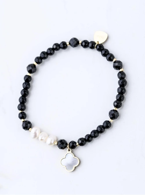 Bransoletka koniczynka, perełki, Obsydian, stal pozłacana S109360Z01