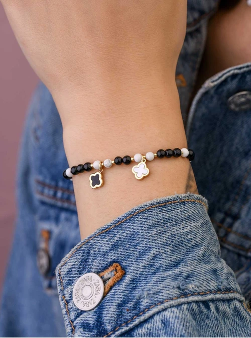 Bransoletka koniczynki, Obsydian, stal pozłacana S109376Z01