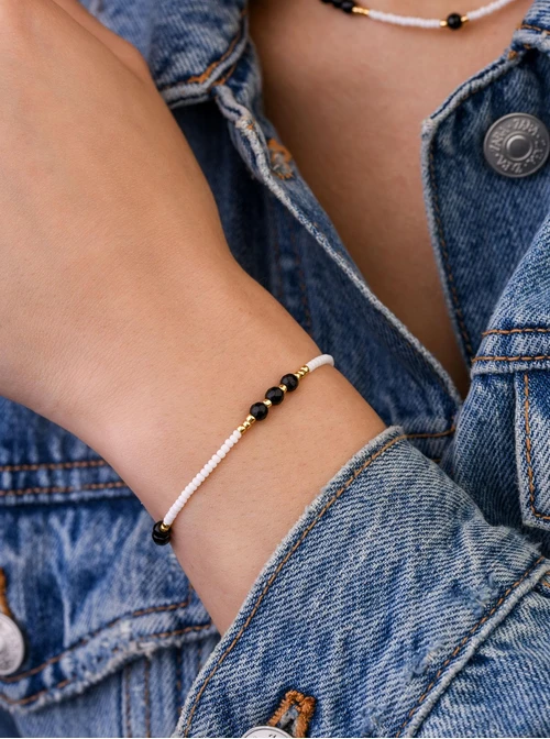 Bransoletka koraliki, Obsydian, stal pozłacana S109408Z00