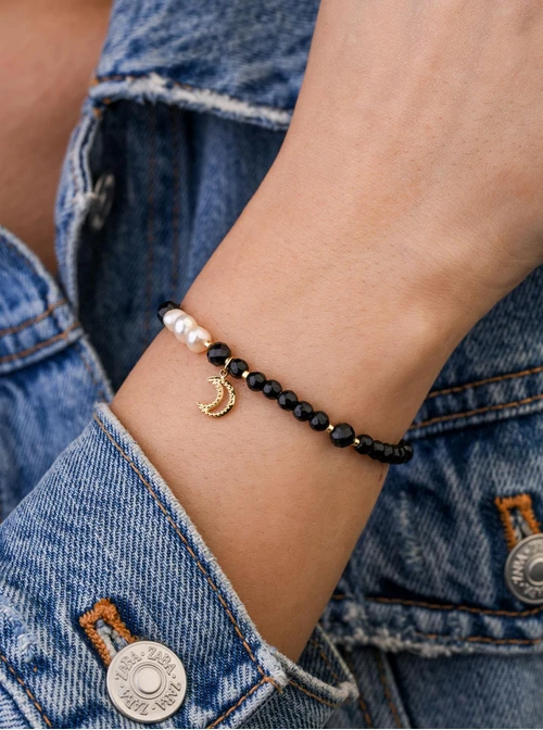 Bransoletka księżyc, perełki, Obsydian, stal pozłacana S109362Z01