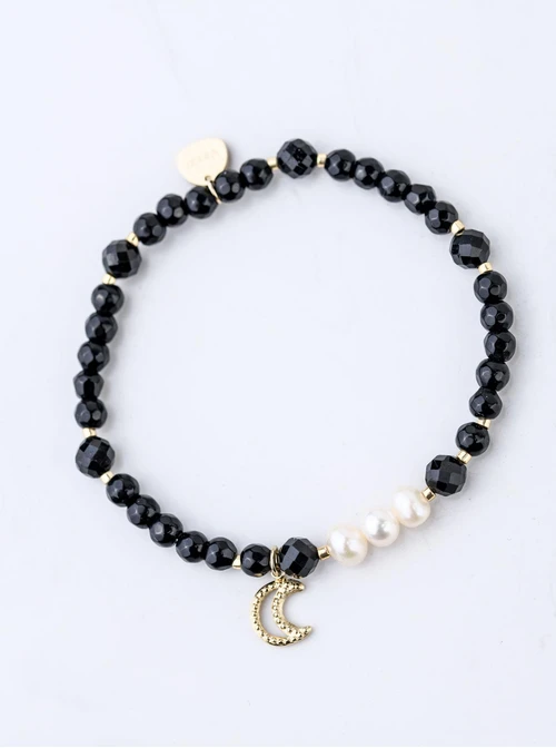 Bransoletka księżyc, perełki, Obsydian, stal pozłacana S109362Z01