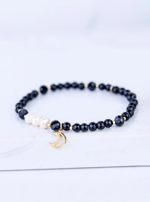 Bransoletka księżyc, perełki, Obsydian, stal pozłacana S109362Z01