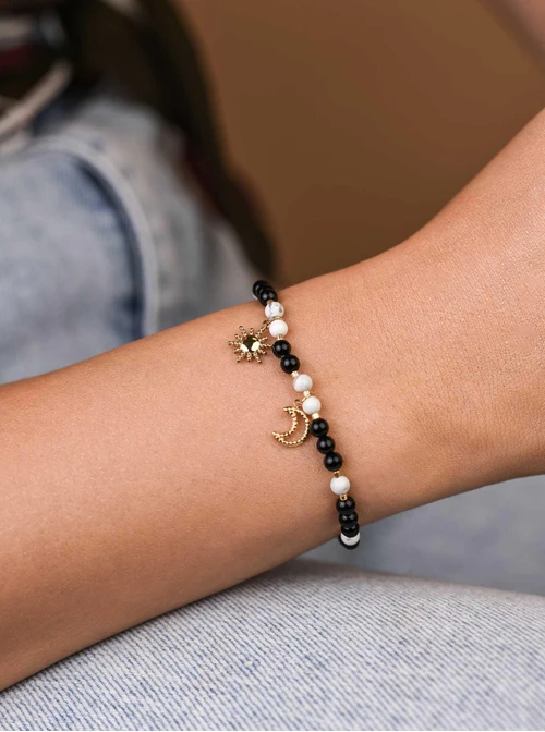 Bransoletka księżyc, słoneczko, Obsydian, stal pozłacana S109378Z01