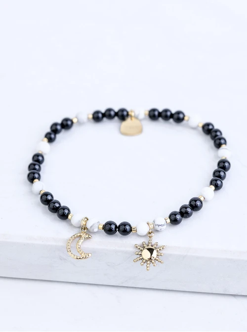 Bransoletka księżyc, słoneczko, Obsydian, stal pozłacana S109378Z01