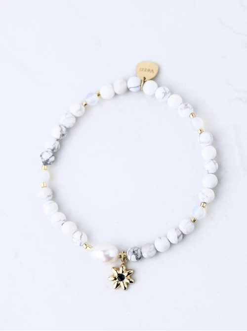 Bransoletka kwiat, perełka, Howlit, stal pozłacana S109394Z01
