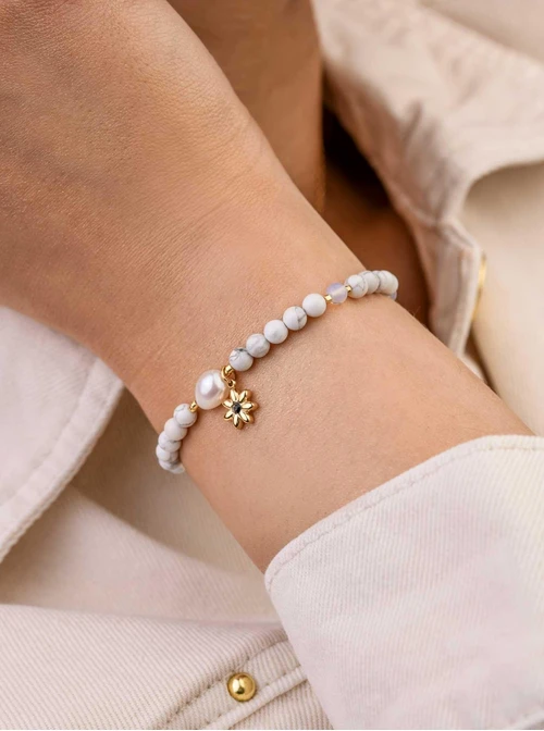 Bransoletka kwiat, perełka, Howlit, stal pozłacana S109394Z01