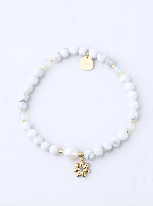 Bransoletka kwiat, perełka, Howlit, stal pozłacana S109394Z02