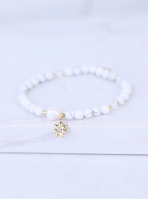 Bransoletka kwiat, perełka, Howlit, stal pozłacana S109394Z02