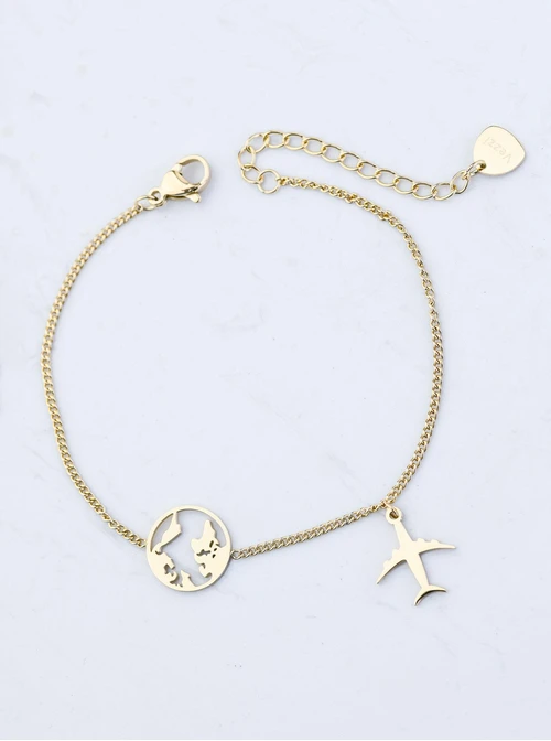 Bransoletka mapa świata, samolot, stal pozłacana S109511Z00