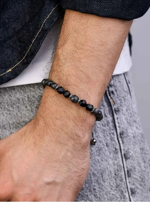 Bransoletka męska, Obsydian, Kwarc, stal S109258S00