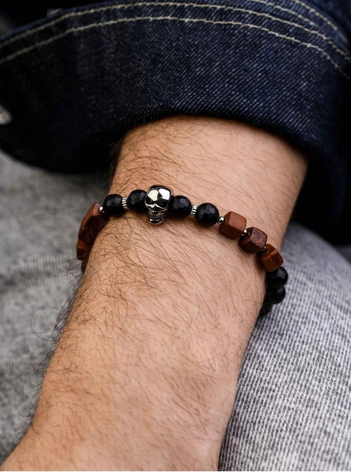 Bransoletka męska, czaszka, Onyks, stal S109225S00