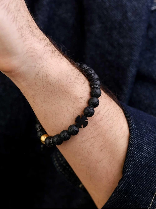 Bransoletka męska, skrzydło, Lawa wulkaniczna, stal S109242S01