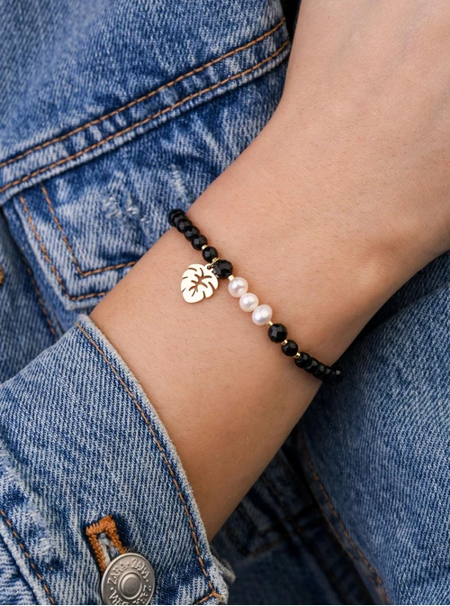 Bransoletka monstera, perełki, Obsydian, stal pozłacana S109361Z01