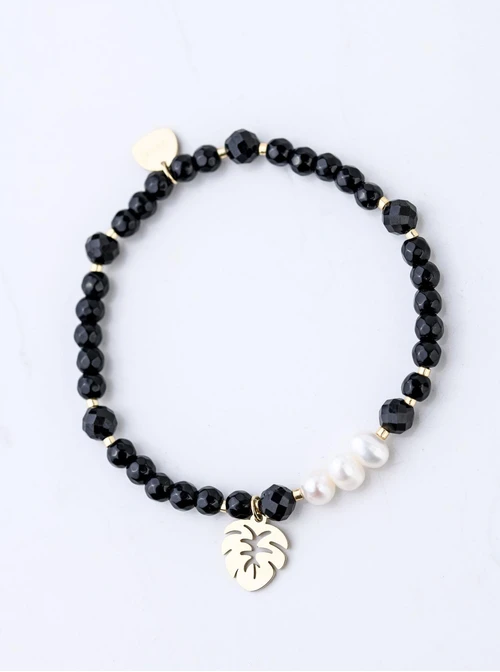 Bransoletka monstera, perełki, Obsydian, stal pozłacana S109361Z01