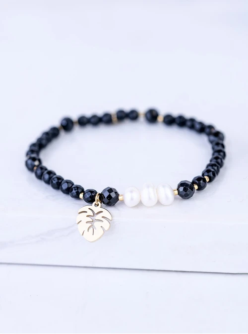 Bransoletka monstera, perełki, Obsydian, stal pozłacana S109361Z01