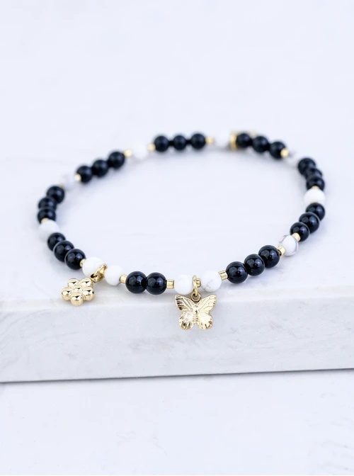 Bransoletka motylek, kwiatek, Obsydian, stal pozłacana S109374Z01