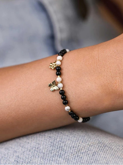 Bransoletka motylek, kwiatek, Obsydian, stal pozłacana S109374Z01