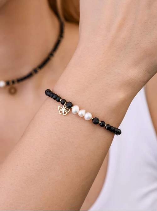 Bransoletka motylek, perełki, Obsydian, stal pozłacana S109364Z01