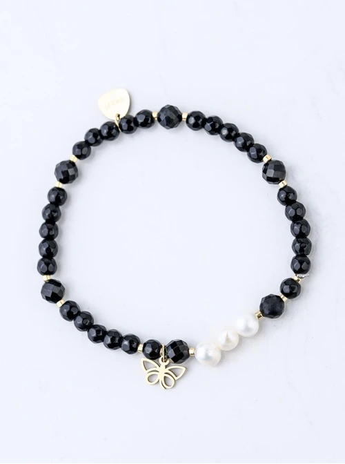 Bransoletka motylek, perełki, Obsydian, stal pozłacana S109364Z01