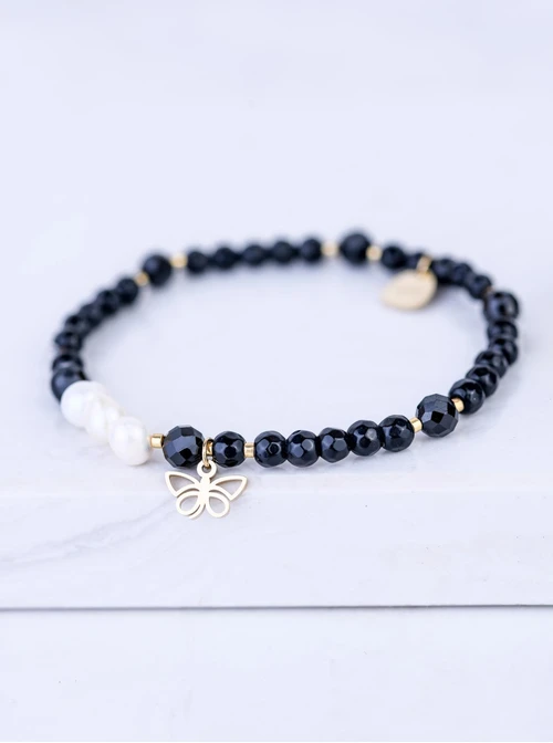 Bransoletka motylek, perełki, Obsydian, stal pozłacana S109364Z01