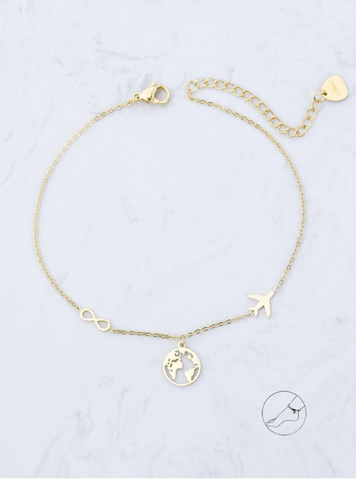 Bransoletka na kostkę, mapa, samolot, stal pozłacana S109623Z00