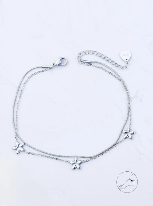 Bransoletka na kostkę podwójna, kwiatuszki, stal S106935S00