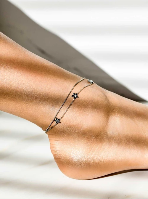 Bransoletka na kostkę podwójna, kwiatuszki, stal S106935S00