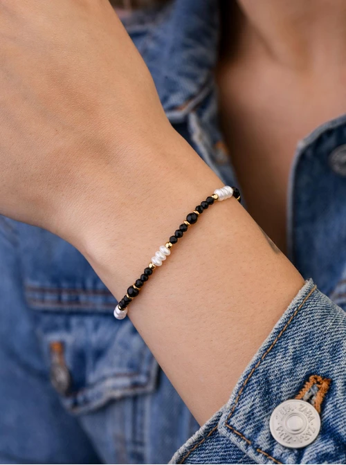 Bransoletka perełki, Obsydian, stal pozłacana S109412Z01