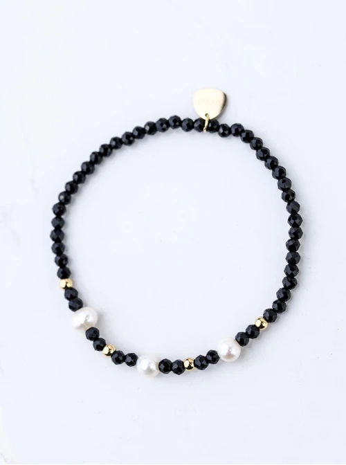 Bransoletka perełki, czarne kryształki, stal pozłacana S109410Z01