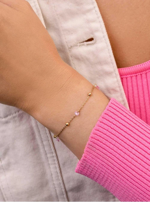 Bransoletka różowe kryształki, stal pozłacana S109505Z06